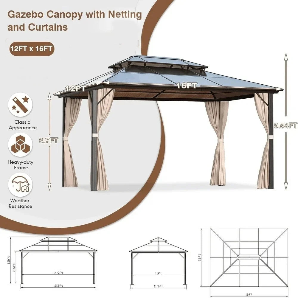 EROMMY Gazebo a tetto rigido, Pergola da esterno con doppio tetto, zanzariere e tende, Tenda da sole resistente per patio, cortile, feste in piscina