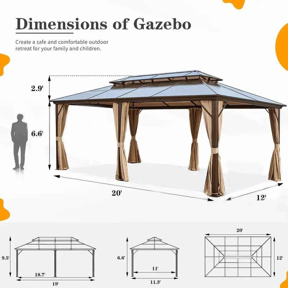 EROMMY Gazebo a tetto rigido, Pergola da esterno con doppio tetto, zanzariere e tende, Tenda da sole resistente per patio, cortile, feste in piscina