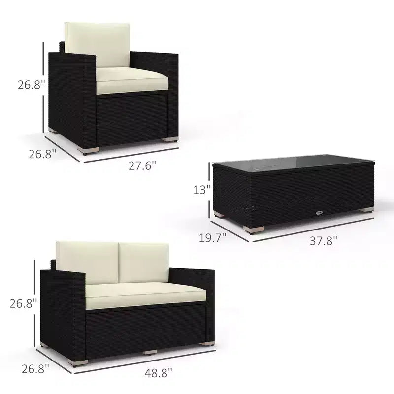 Set Divano in Rattan da 4 Pezzi, Set Divani da Esterno in Vimini con Divanetto Sedie Tavolino con Piano in Vetro per Giardino