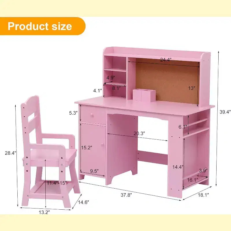 Scrivania per bambini, set scrivania e sedia per ragazzi e ragazze, tavolo da scrittura per bambini in legno con libreria, bacheca, armadietto e cassetto per età 3-8