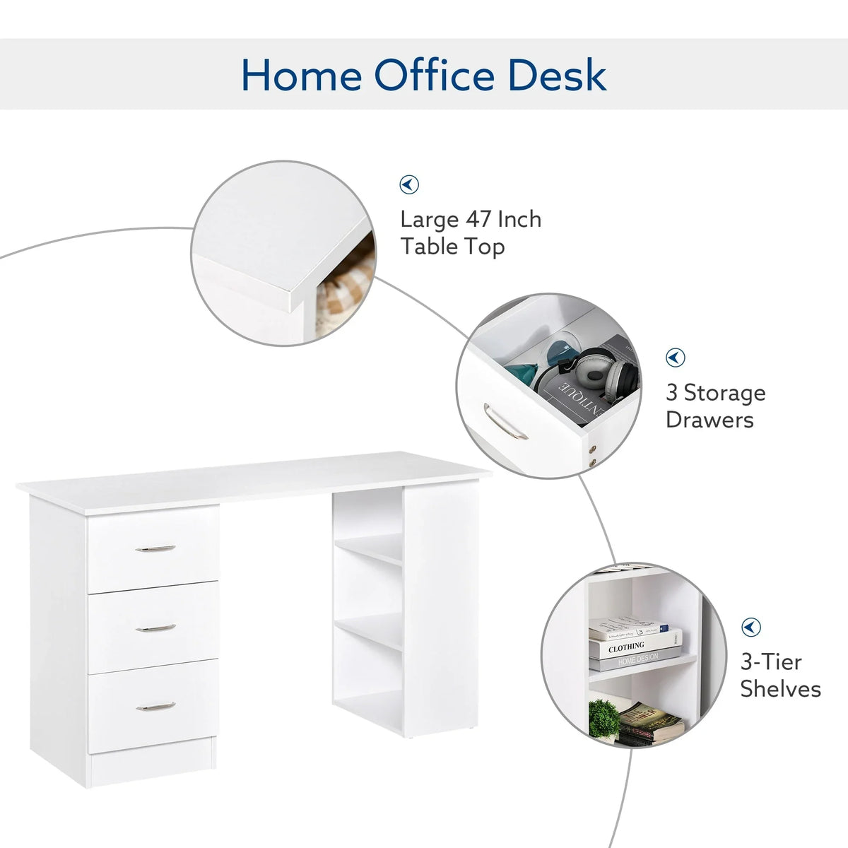 HOMCOM 47" Scrivania per Computer da Ufficio Moderna con Libreria, Tavolo da Scrittura Workstation con 3 Cassetti e Ripiano - Bianco