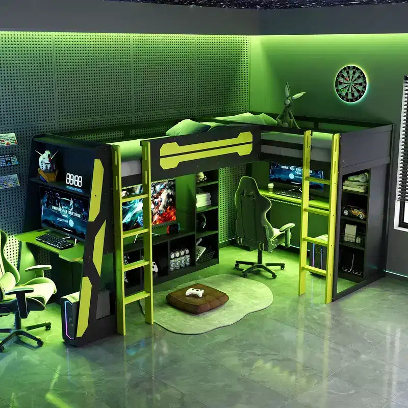 Letto a soppalco a L da gaming con scrivanie, letti a soppalco doppi con luci LED, porte USB, scaffali portaoggetti, letto a soppalco ad angolo in legno per 2