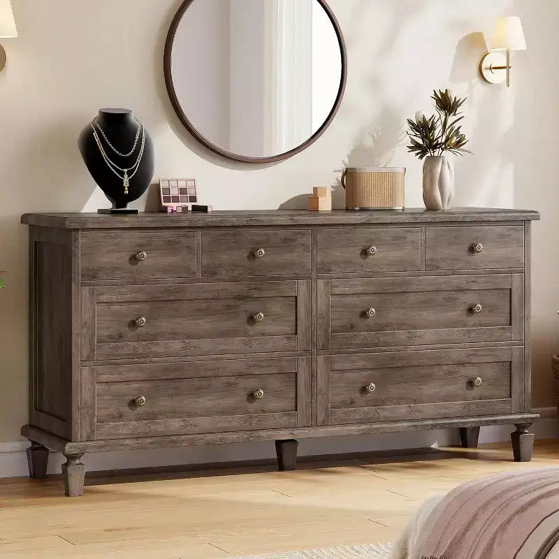 Comò a 8 cassetti per camera da letto, mobile TV vintage da 150 cm con maniglie intagliate e gambe affusolate, cassettiera in legno con grande capacità di archiviazione