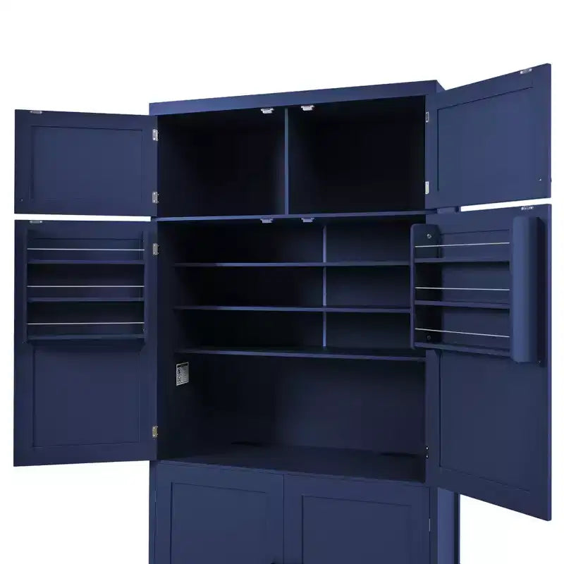 Dispensa Alta da Cucina con Prese di Corrente, Grande Credenza Autoportante con Supporto per Microonde, Cassetti, Scaffali, Portabottiglie e Ante con Ripiani