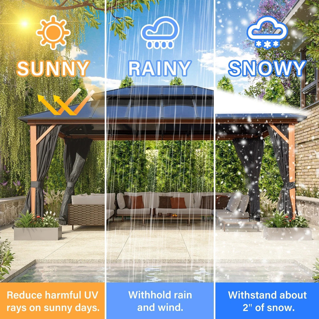 EROMMY Gazebo a tetto rigido, Pergola da esterno con doppio tetto, zanzariere e tende, Tenda da sole resistente per patio, cortile, feste in piscina