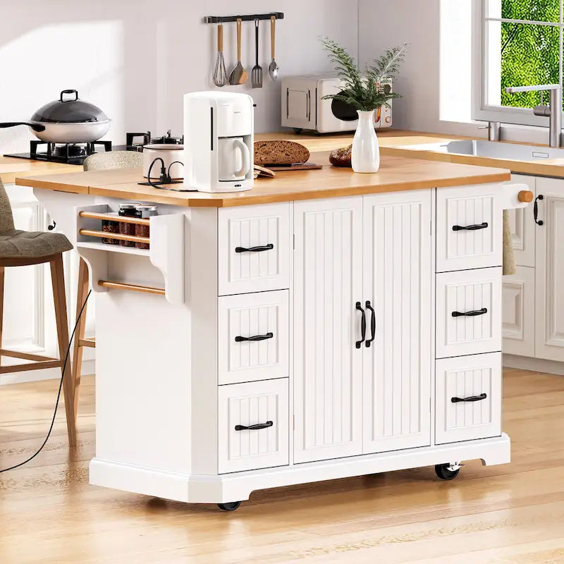 Isola Cucina Espandibile con Ante a Scomparsa, Carrello Cucina su 4 Ruote con Presa Elettrica, Tavolo Isola Mobile con 2 Ante e 6 Cassetti