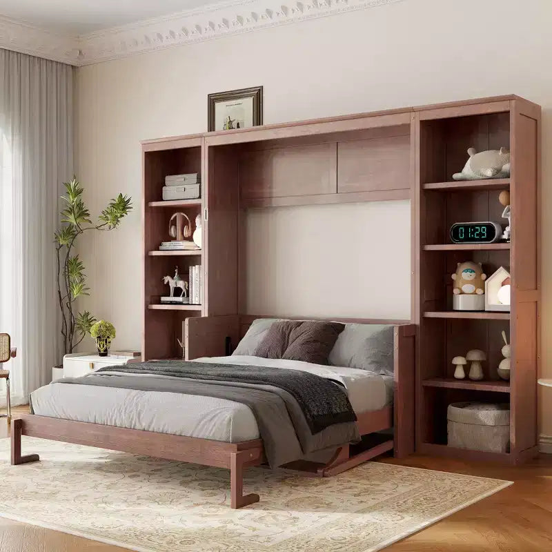 Letto a scomparsa matrimoniale/queen size salvaspazio con scrivania e libreria, marrone scuro - ModernLuxe