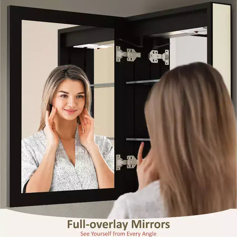 Pensile da Bagno con Specchio LED, Montaggio a Superficie o Incasso, Luce Dimmerabile, Antiappannamento, Ripiani Regolabili
