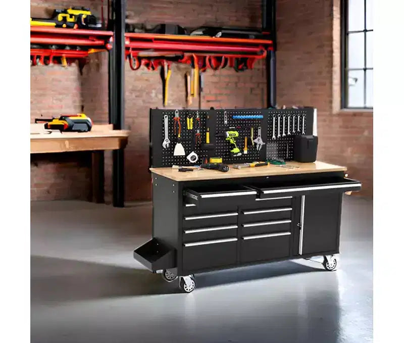 Cassettiera portautensili rotante a 10 cassetti da 61 pollici e banco da lavoro da garage con presa multipla, piano in legno massello di gomma, carico di 1675 libbre, armadio mobile per stazione di lavoro resistente