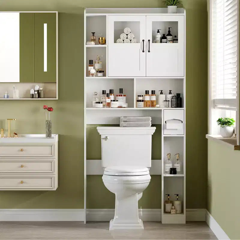 Mobiletto salvaspazio sopra il WC - Organizer e mobiletto da bagno in stile rustico da 67,4 H con ripiano regolabile e anta in vetro per bagno, lavanderia