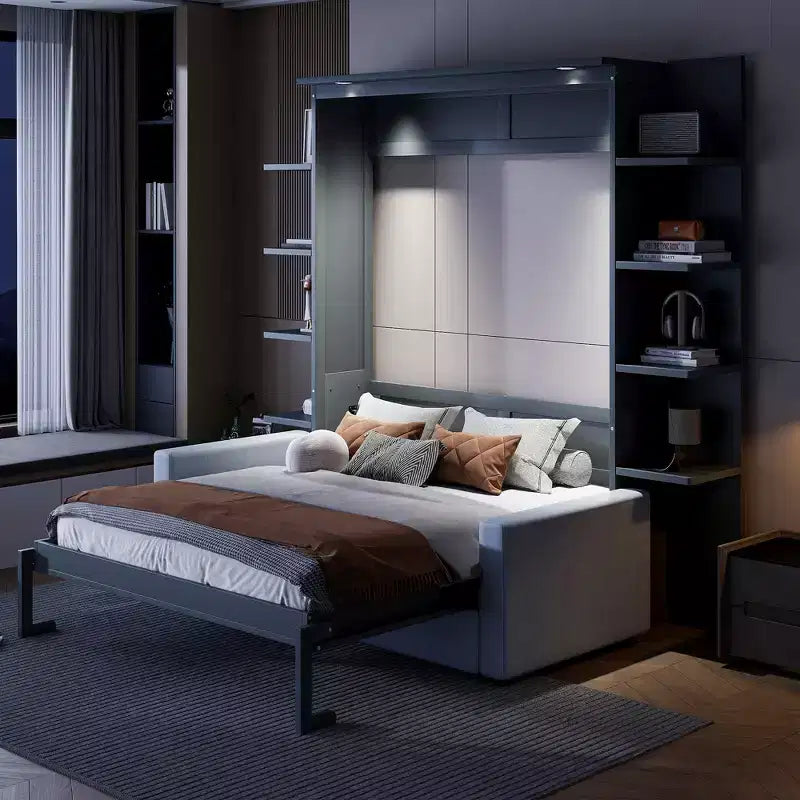 Letto a scomparsa Queen Murphy con divano, letto a scomparsa Queen Size con armadio, letto a parete pieghevole con libreria e mensole per camera degli ospiti o ufficio