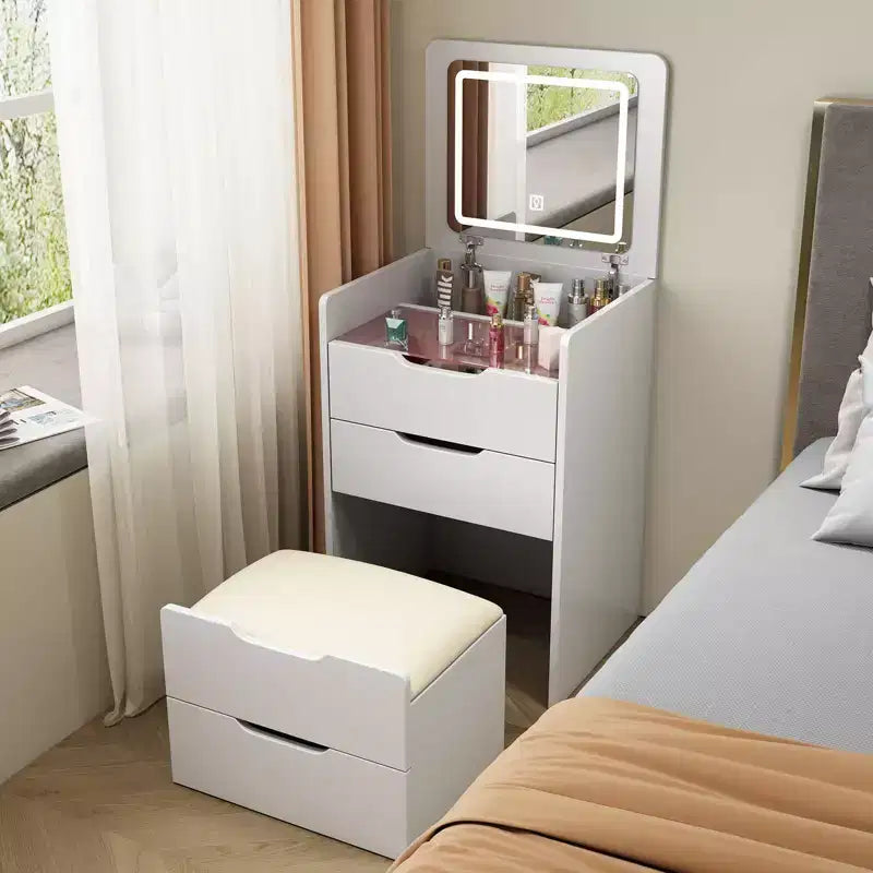 Okak Tavolo da toeletta 3 in 1 con specchio a scomparsa, toeletta compatta con piano in vetro a vista e sgabello imbottito, scrivania da toeletta per camera da letto