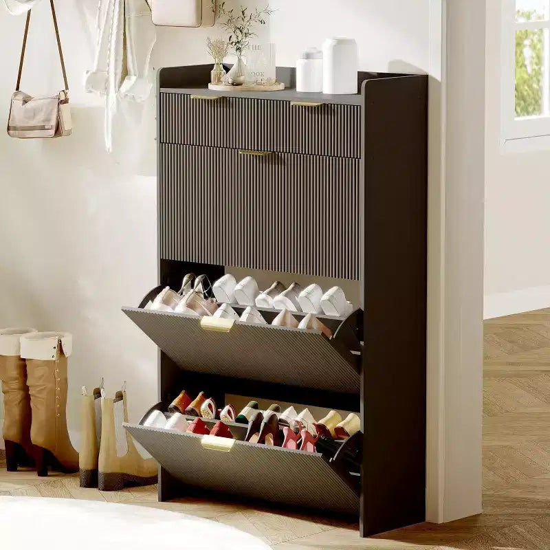 Moderna scarpiera bianca con 3 cassetti a ribalta e 2 cassetti piccoli e gancio, porta scarpe sottile scanalato, mobile stretto per ingresso