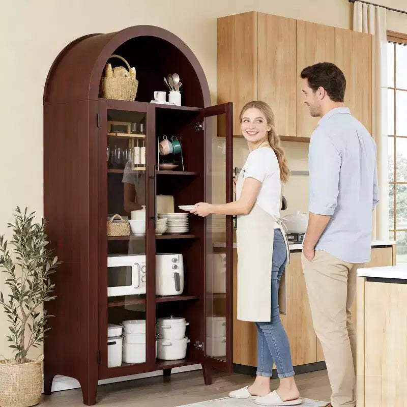 Mobile Contenitore Alto Ad Arco con Ante in Vetro, Libreria Espositiva a 5 Ripiani con Mensole Regolabili per Cucina o Soggiorno