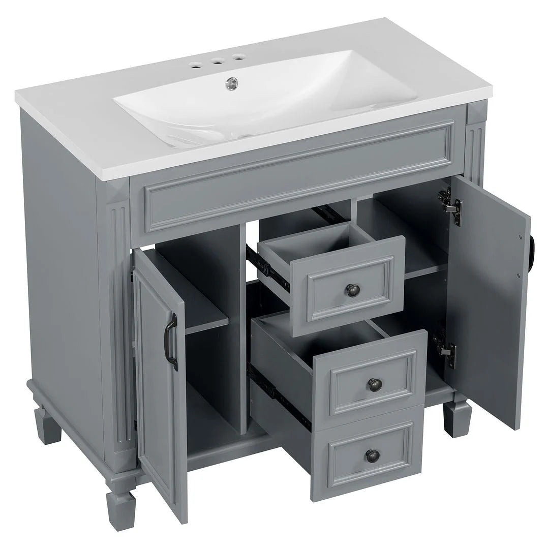 Mobile Bagno Moderno da 90cm con Lavabo Integrato e Specchiera, 2 Ante e 2 Cassetti