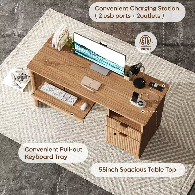 Scrivania Smart Bestier 55 per computer, scrivania da scrittura in rovere con cassetti portadocumenti e presa di corrente, scrivania direzionale con vani a giorno e vassoio per tastiera