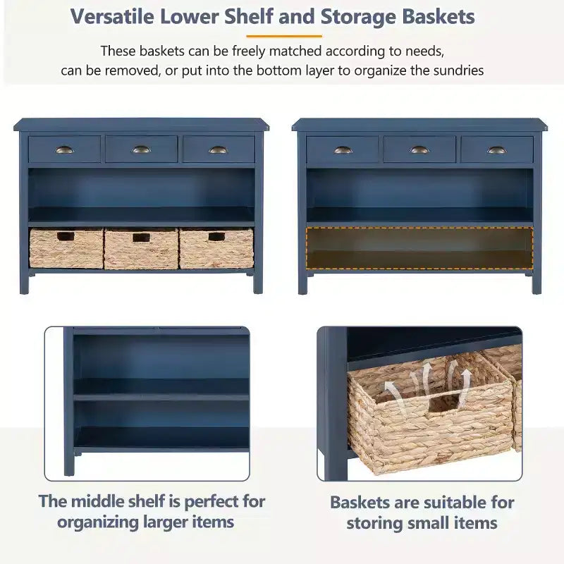 Consolle da Ingresso con Contenitore, Tavolo da Ingresso Stile Rustico con 3 Cassetti e 3 Cesti in Giacinto d'Acqua per Soggiorno o Ingresso - Panipeachy