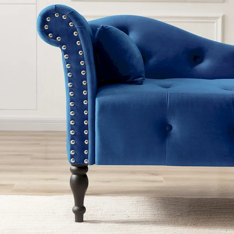 Moderna poltrona a sdraio imbottita in velluto da 60,6" con bottoni capitonné, gambe in legno massello e borchie
