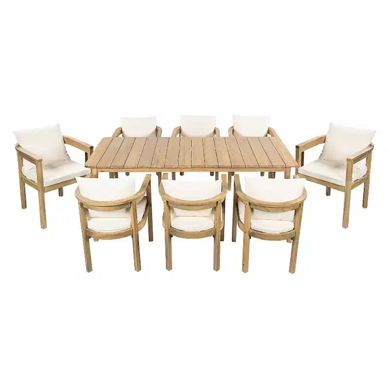Christopher Knight Home Irene Set da pranzo da esterno rustico a 9 pezzi in legno di acacia con sedie con schienale curvo e cuscini