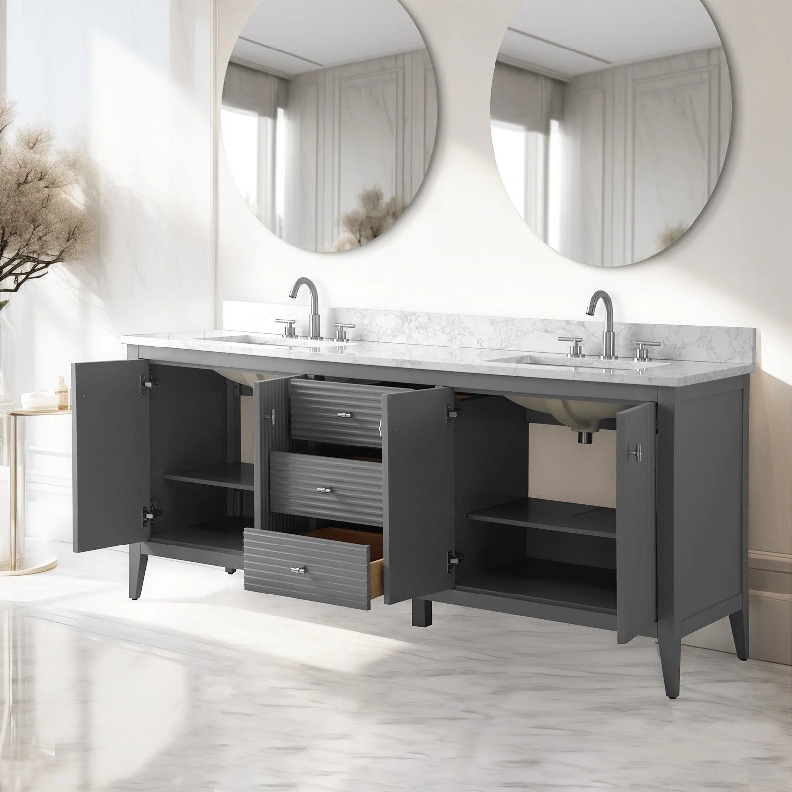 Mobile lavabo doppio Vanity Art 72 per bagno con piano in marmo composito