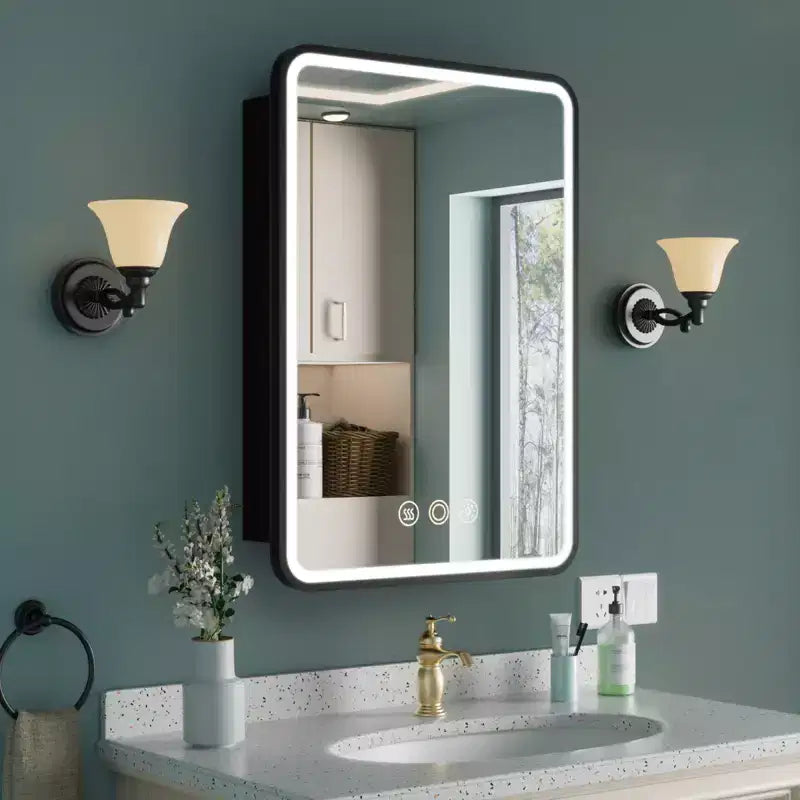 Mobiletto a specchio a LED nero/bianco/oro, anta singola, cerniera sinistra o destra, a incasso o a parete
