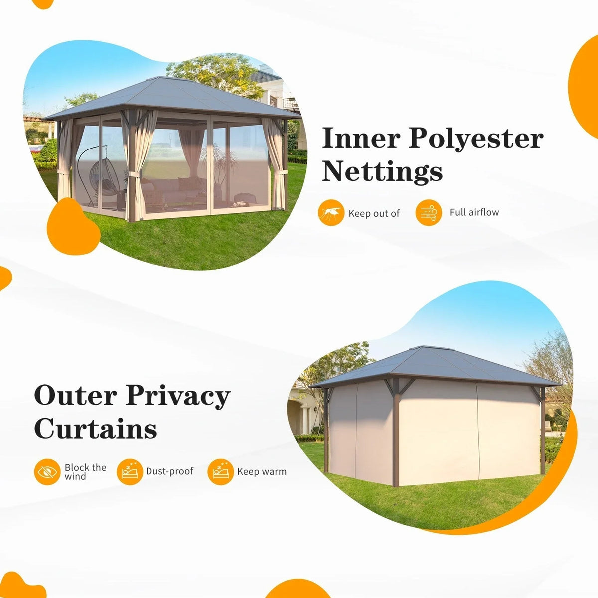 EROMMY Gazebo a tetto rigido, Pergola da esterno con doppio tetto, zanzariere e tende, Tenda da sole resistente per patio, cortile, feste in piscina
