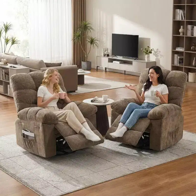 Poltrona Reclinabile Massaggiante con Calore - Girevole a 360°, Dondolo, Divano Singolo Oversize con Vibrazione, USB e Tasche Contenitore per Soggiorno/Camera da Letto