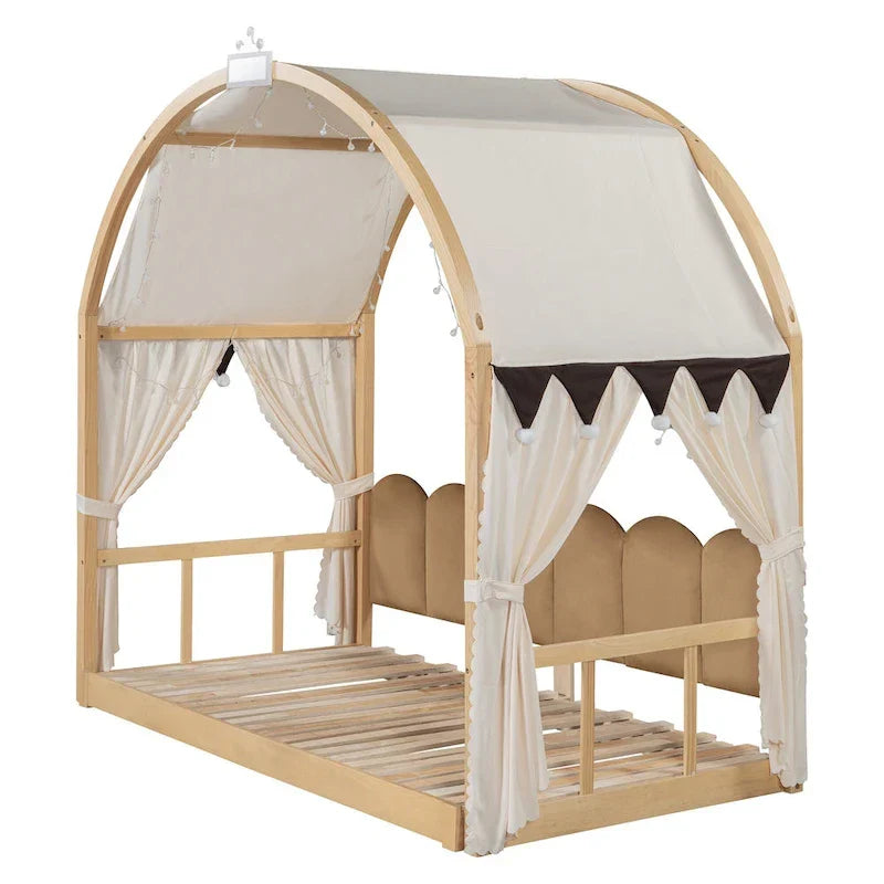 Letto a piattaforma in legno massiccio a forma di casetta, letto Montessori a terra con tetto ad arco e letto estraibile per bambine e bambini