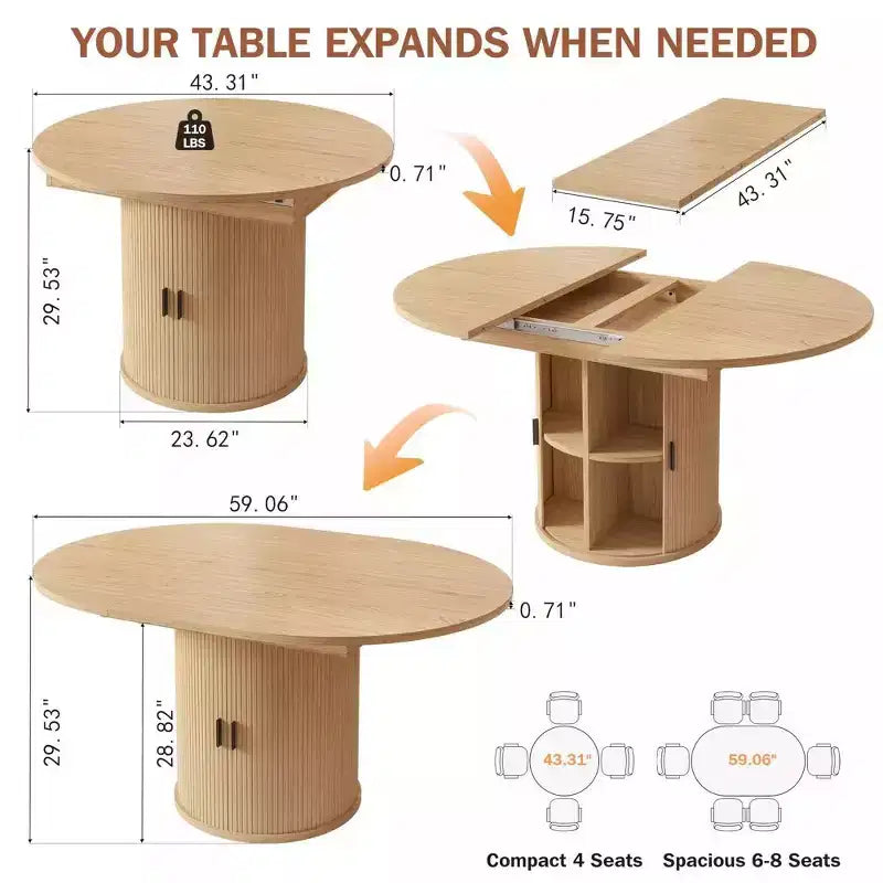 Dyonery 63 Tavolo da cucina e sala da pranzo rotondo allungabile con ripiano portaoggetti a 2 livelli, con base a piedistallo, mobili da pranzo in legno ovale, noce