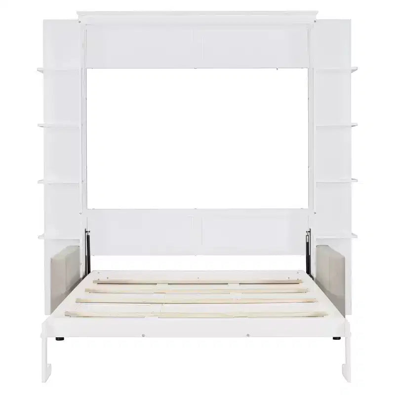 Letto a scomparsa Queen Murphy con divano, letto a scomparsa Queen Size con armadio, letto a parete pieghevole con libreria e mensole per camera degli ospiti o ufficio