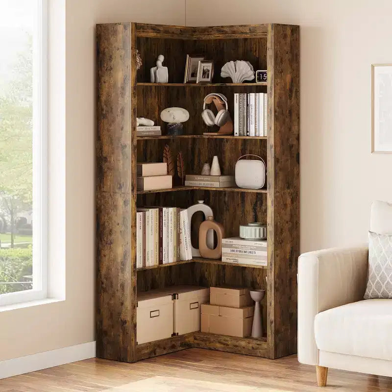 Libreria angolare a 5 ripiani a forma di L, in stile retrò, Bianco/Nero/Legno, singola