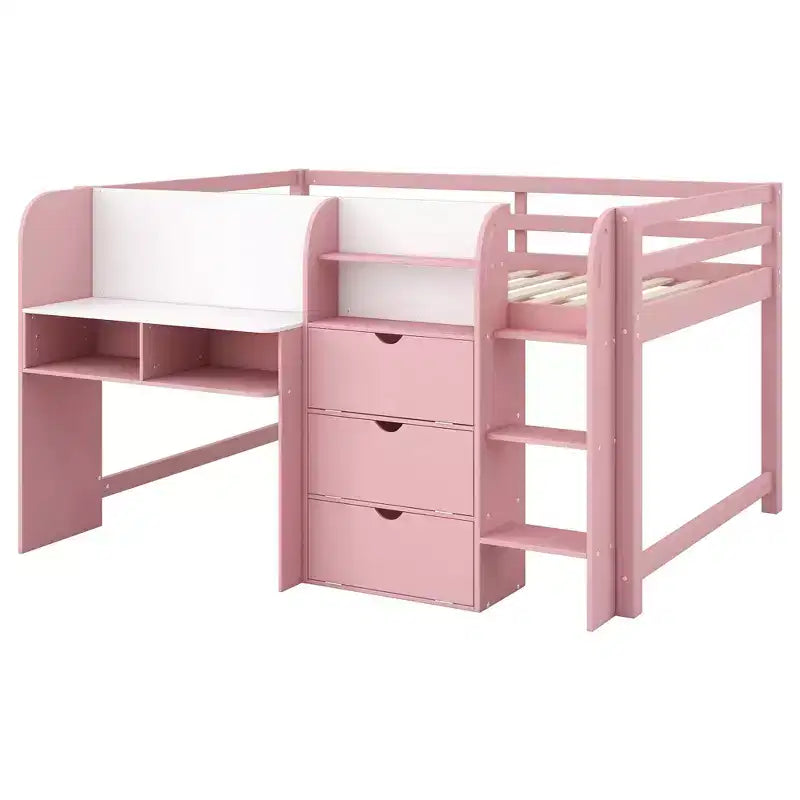 Letto a soppalco basso rosa/bianco con scrivania, contenitore e lavagna bianca – Singolo, 1 persona