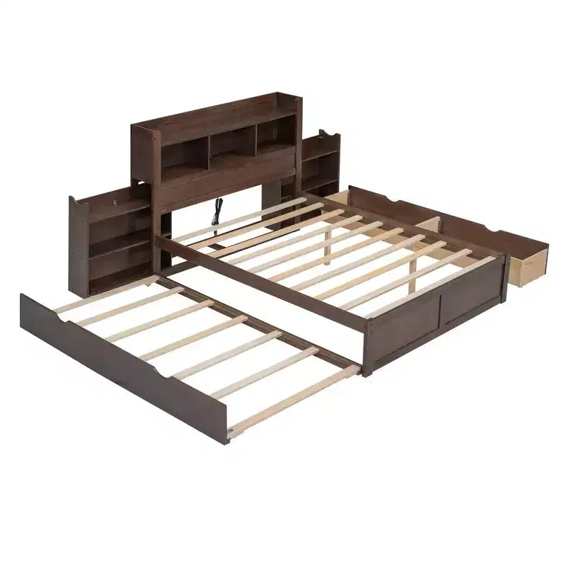 Letto matrimoniale con contenitore, rotelle estraibili, testiera libreria e stazione di ricarica, struttura letto in legno matrimoniale con mensole e cassetti