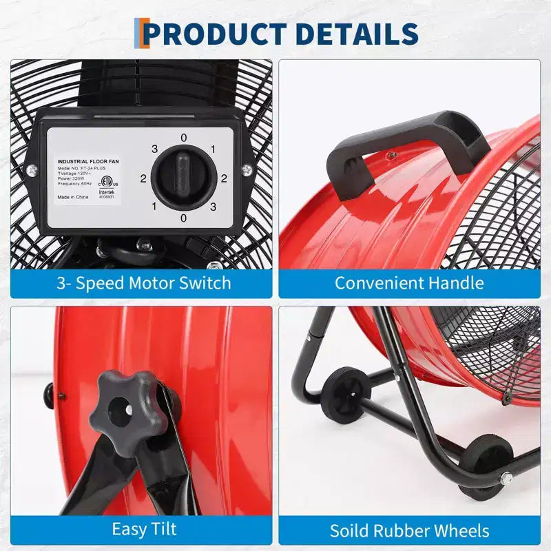 Ventilatore da Pavimento, Ventilatore Industriale - Ventilatore a Tamburo Robusto da 24 Pollici con 4 Velocità, Circolatore d'Aria in Metallo per Magazzino, Officina, Garage, Fabbrica, Cantina