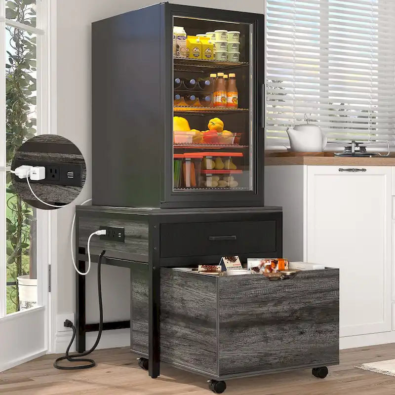 Mini Frigo con Stazione di Ricarica, Tavolino Laterale con Cassetti e Mobiletto su Ruote