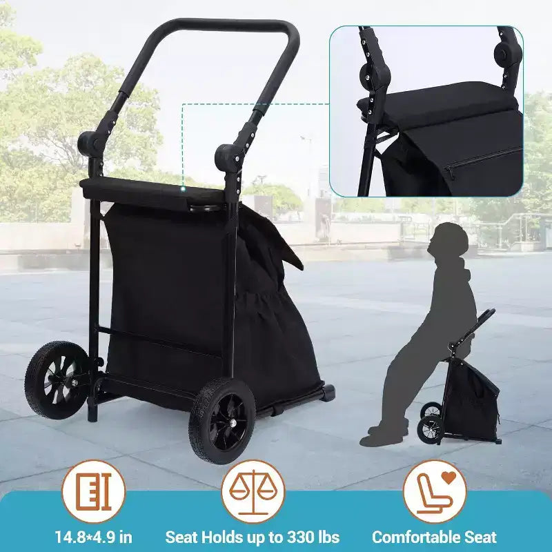 Carrello Portapacchi Pieghevole Acekool 2 in 1 con Borsa Impermeabile Rimovibile, Sedile Imbottito Spesso e Manico Antiscivolo Regolabile, Nero