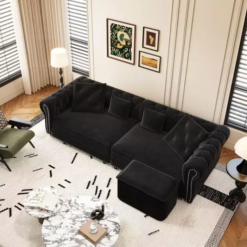 Divano Letto Estraibile 3-in-1 King Size in Velluto Whisen e Divano Letto Convertibile con Ottomana Mobile, Design Trapuntato