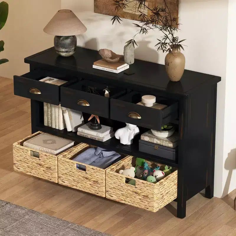 Consolle da Ingresso con Contenitore, Tavolo da Ingresso Stile Rustico con 3 Cassetti e 3 Cesti in Giacinto d'Acqua per Soggiorno o Ingresso - Panipeachy
