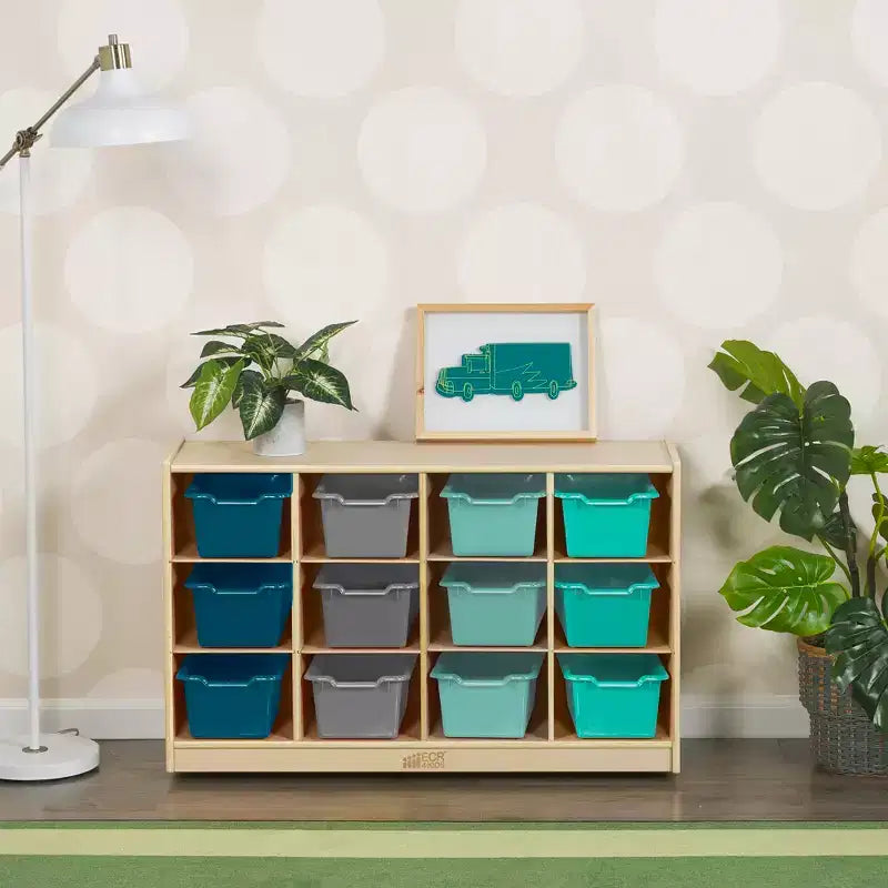 Mobile Cubby con vassoio e 15 contenitori frontali a paletta, 3x4, Arredamento per bambini