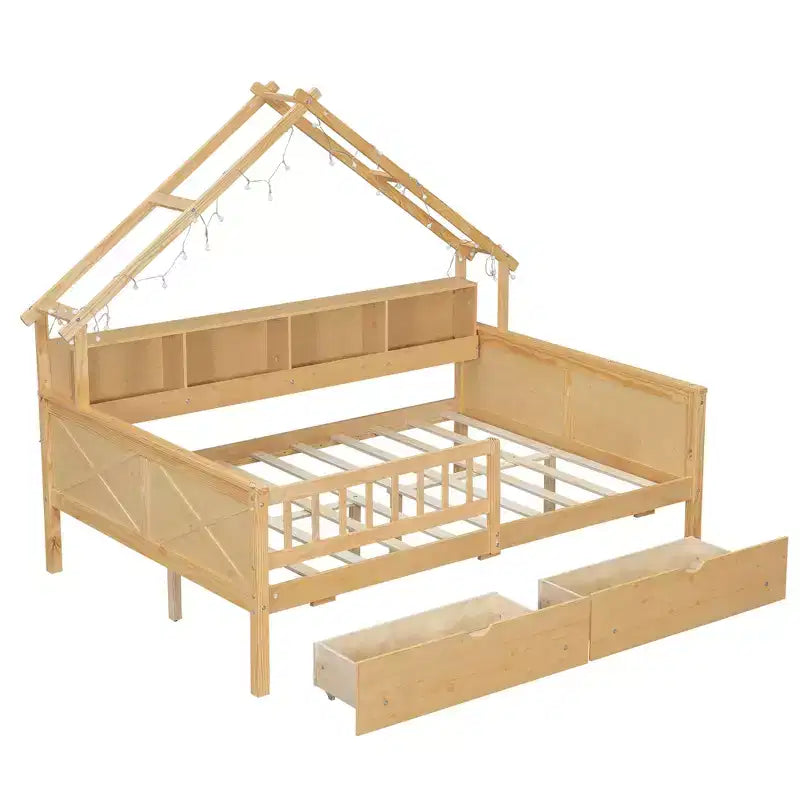 Struttura letto a casetta a grandezza naturale con cassetti, letto a piattaforma a casetta con luci LED, mensole e cassetti portaoggetti, divano letto in legno con tetto e sponda