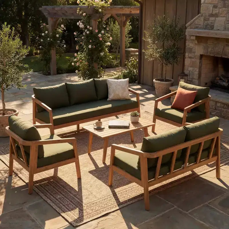 Christopher Knight Home Sunny Set Salotto Moderno a 5 Pezzi in Acacia con Tavolo Rettangolare a Doghe e 7 Posti