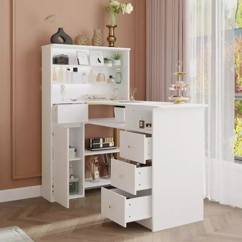 Tavolo Unghie Bianco con Aspiratore Integrato, Vetrina in Vetro Temperato, Maniglie Dorate, Postazione Salone Unghie, Tavolo Trucco