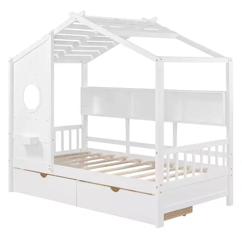 Letto a casetta in legno per bambini, piazza singola/matrimoniale, con 2 cassetti e ripiano portaoggetti - ModernLuxe