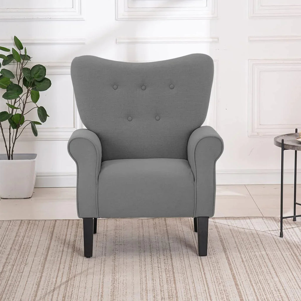 Poltrona moderna Erommy, Poltrona con schienale alto, Poltrona singola in tessuto imbottita con bottoni e gambe in legno per soggiorno