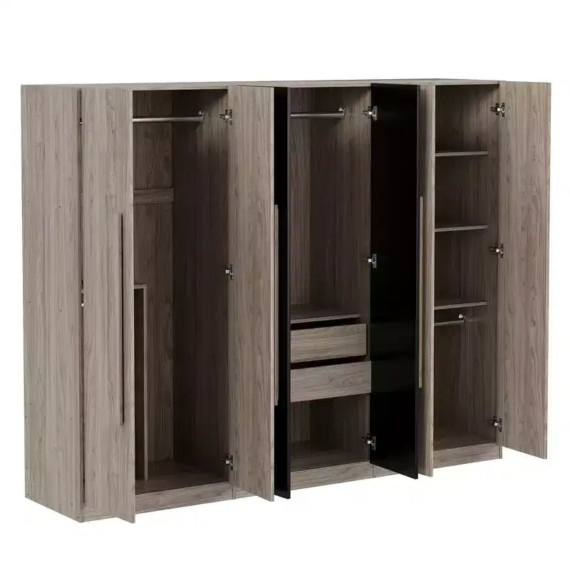 Armadio a 6 ante con 2 cassetti, binari appendiabiti e ripiani, nero+naturale - ModernLuxe