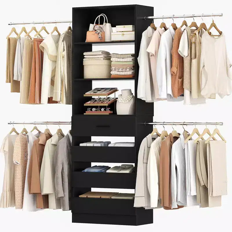 Besiost Sistema Organizer per Armadio in Legno 4-9 piedi con 4 Cassetti, 4 Aste Appendiabiti e Torri Scaffale