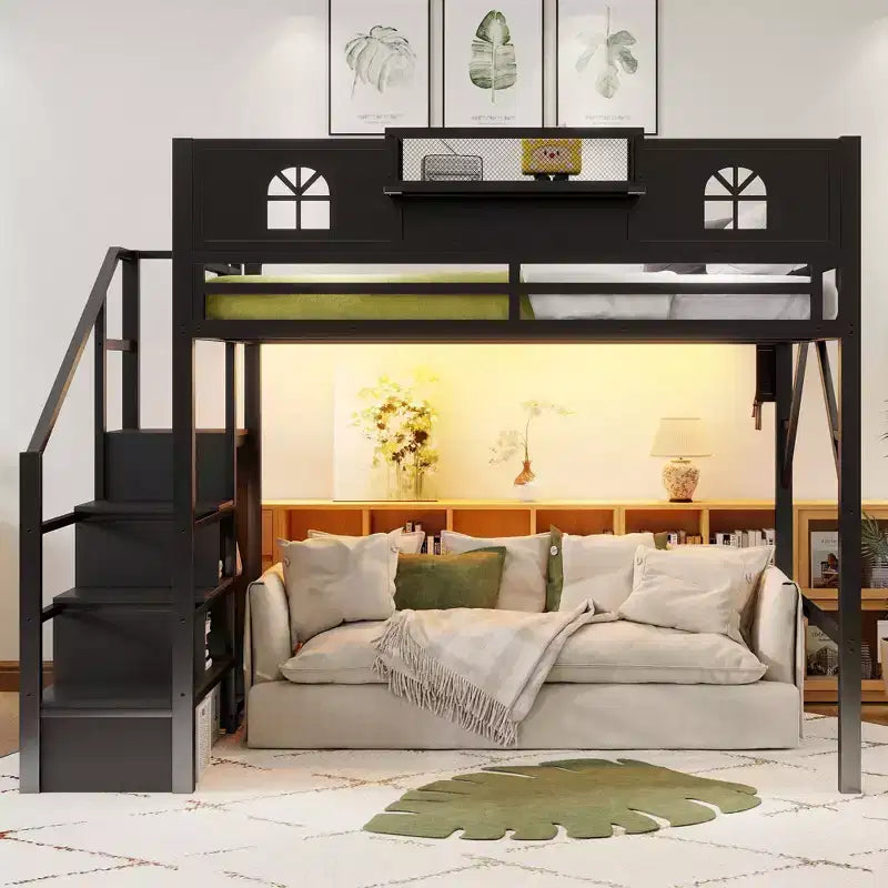 Letto a soppalco ModernLuxe matrimoniale/queen size con scale e armadio integrato, struttura letto in metallo con luci a LED, stazione di ricarica USB e ripiani portaoggetti