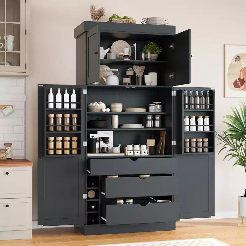 Dispensa da cucina indipendente 77H, armadio contenitore in stile rustico con ripiani regolabili, ripiani sulla porta, cassetti e portabottiglie - ModernLuxe