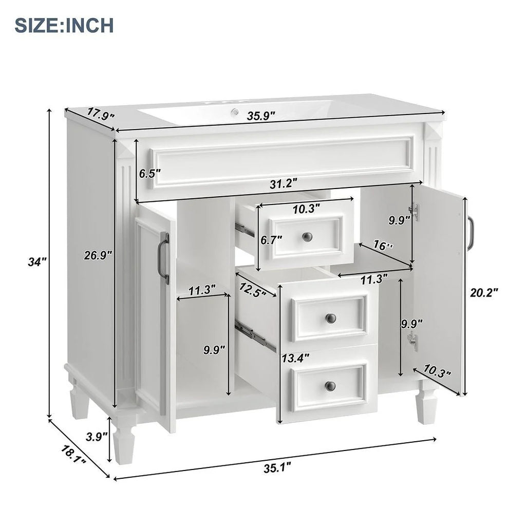 Mobile Bagno Moderno da 90cm con Lavabo Integrato e Specchiera, 2 Ante e 2 Cassetti