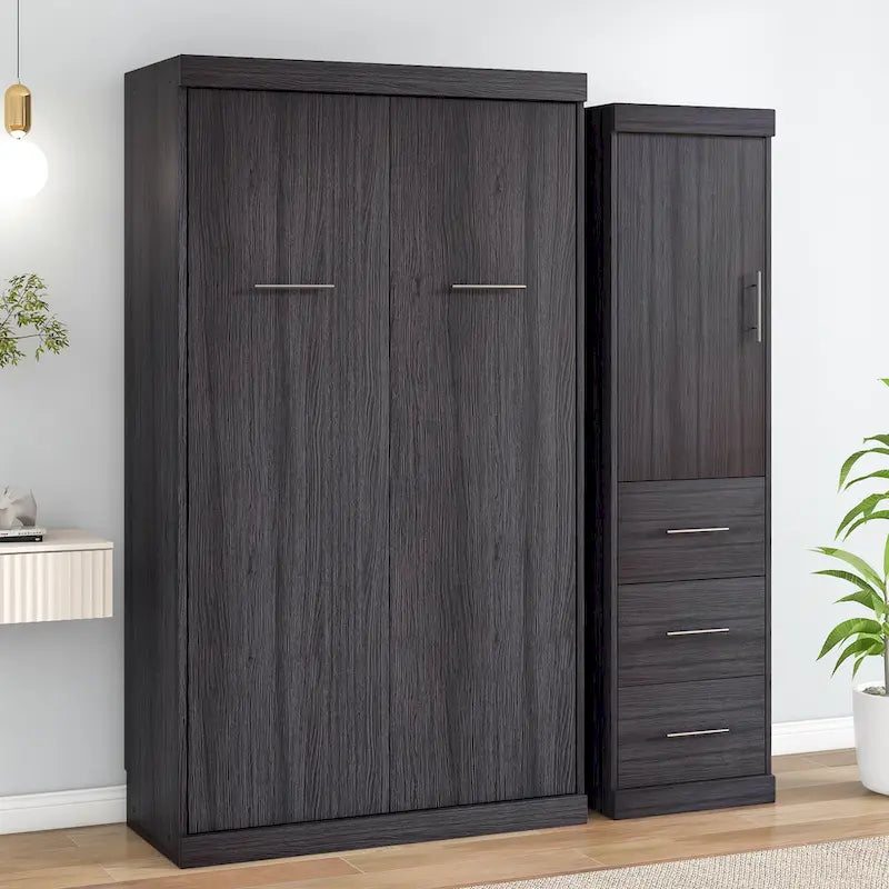Letto Murphy pieghevole grigio con armadio e 3 cassetti, matrimoniale/singolo, 1 persona